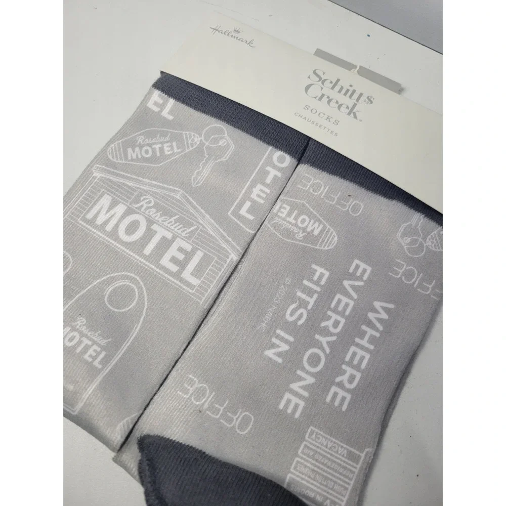 Hallmark Schitt's Creek‎ Rosebud Motel Grey Graphic Crew Socks One Size NEW